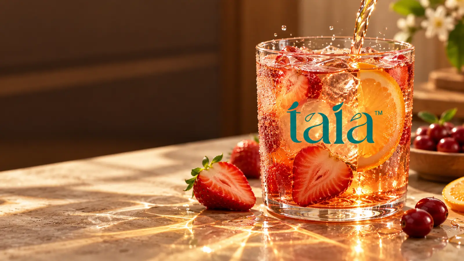 Sparkling coffee cherry refresher with strawberries and orange
