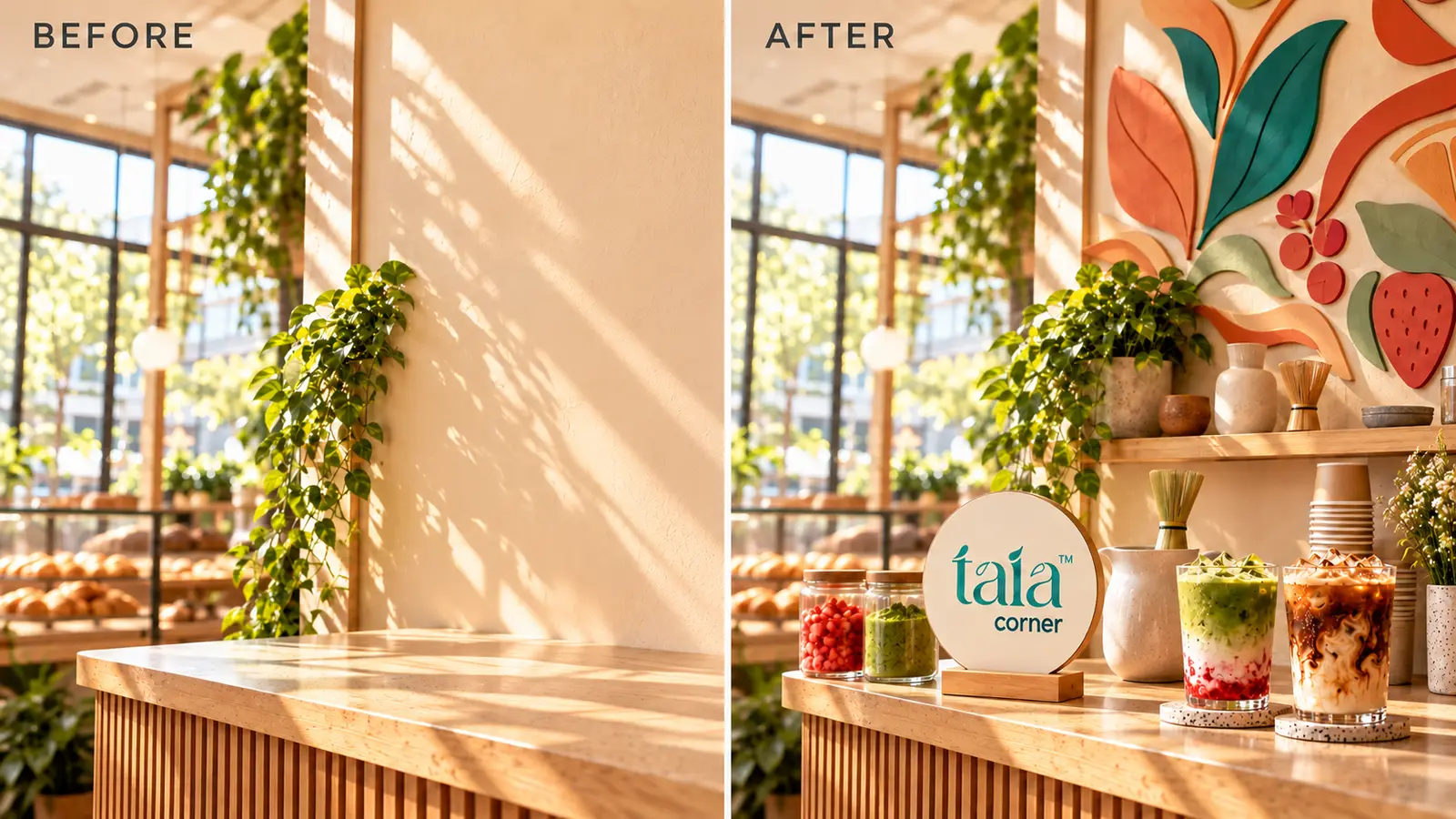 A plain store counter before, and the same counter as a taia Corner after
