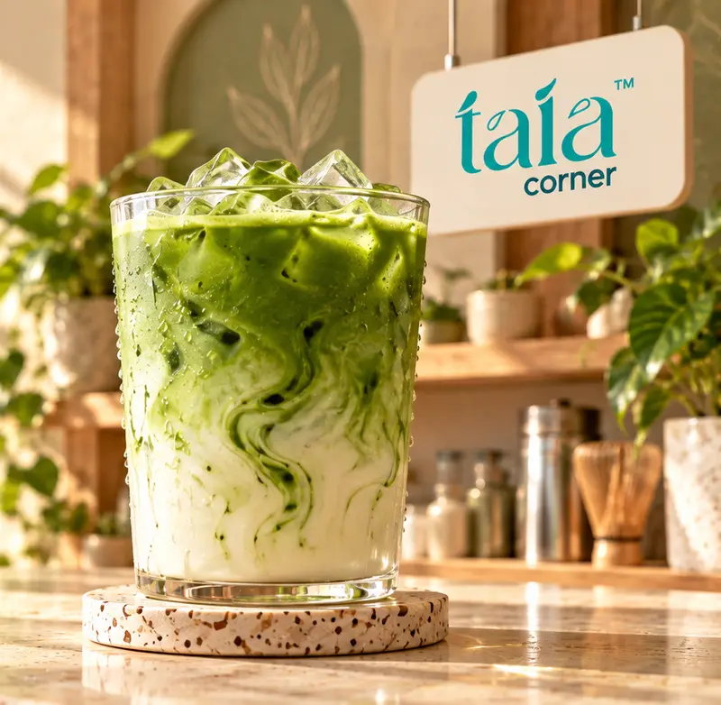 Iced matcha latte with green swirls on a café counter